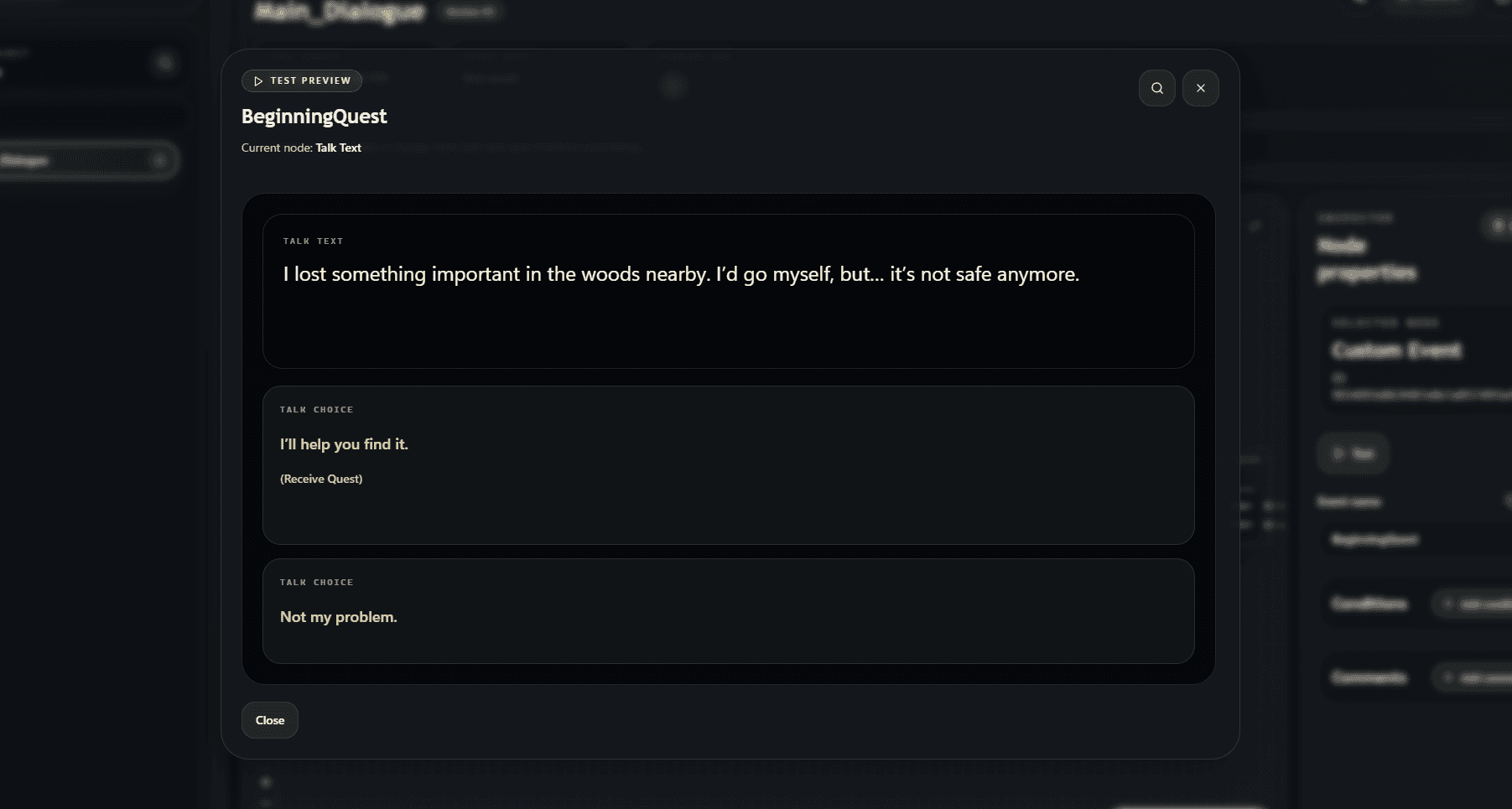 Test preview window showing talk text and multiple player dialogue choices.
